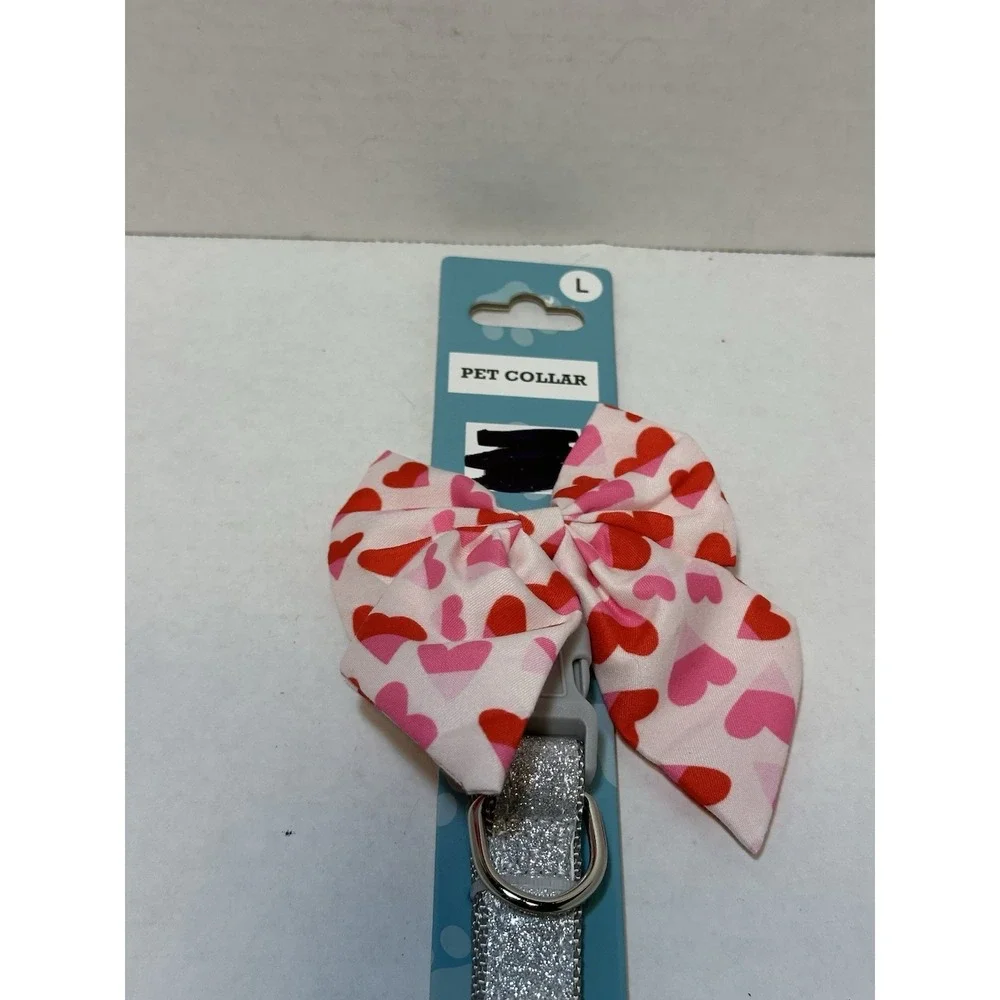 NEW DOG COLLAR silver with pink red heart bow‎ SIZE LARGE 15-20 INCHES